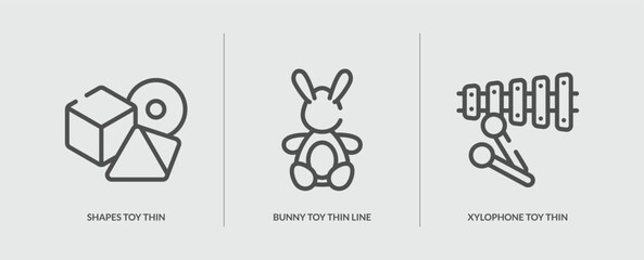 set of 3 outline icons in toys concept. thin line icons including shapes toy thin line, bunny toy thin line, xylophone toy vector. can be used web and mobile.