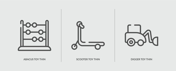 set of 3 outline icons in toys concept. thin line icons including abacus toy thin line, scooter toy thin line, digger toy vector. can be used web and mobile.