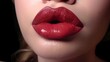 © TRAVELARIUM - Close up sexy woman lips after lip augmentation cosmetic procedure, female lips shape modification using fillers, juicy lips with red lipstick, lip augmentation concept, generative AI