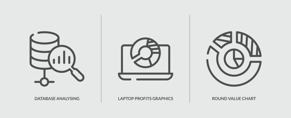 set of 3 outline icons in business and analytics concept. thin line icons including database analysing thin line, laptop profits graphics thin line, round value chart vector. can be used web and