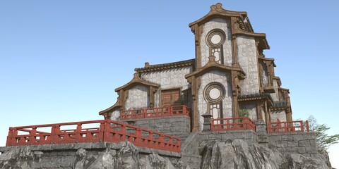 Wall Mural - 3D render of an Ancient stone temple in an oriental style against clear blue sky. Photorealistic 3D illustration. Beautiful asian wallpaper.