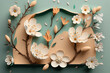 © ADDICTIVE STOCK - Generative AI abstract illustration of twigs of various blossoming spring flowers with buds and leaves against beige piece of paper and mint background