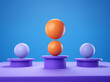 © ADDICTIVE STOCK - Front view of 3d rendering of an image with four balls on stands on purple surface against blue background