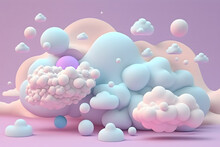 AI Generated 3D Illustration Of Pastel Colored Abstract Irregular Figures Of Various Shapes And Sizes Looking Like Clouds Against Pink Background