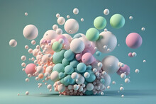 Generative AI 3D Illustration Of Round Shaped Balloons Of Different Pastel Colors And Various Sizes On Green Backdrop