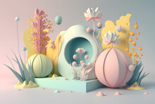 Generative AI Abstract Illustration Of Fantasy Blossoming Flowers With Smooth Spheres On Podium Against Gray And Pink Background In Pastel Colors