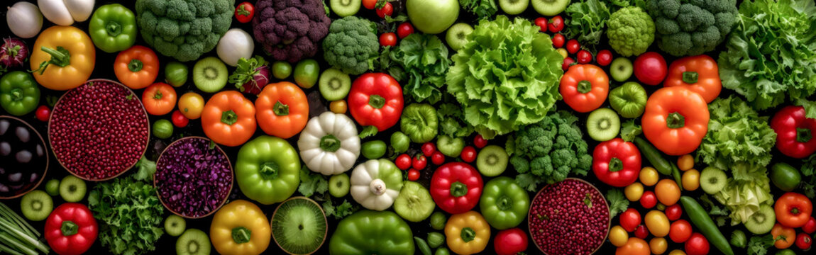 Wall Mural -  - Assortment of fresh vegetables on black background. Food background with assortment of fresh organic vegetables. wide banner. Top view. Generative AI