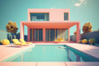 © ADDICTIVE STOCK - Generative AI illustration of modern hotel house with glass windows located near swimming pool and tropical plants representing concept of summer holidays