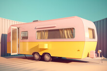 AI-generating Illustration Of A Pink And Yellow Motorhome Parked On A Sandy Terrain With A Cloudless Blue Sky, Representing The Concept Of Summer Travel