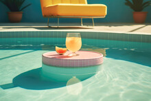 Generative AI illustration of transparent glass with orange cocktail placed near slice of orange on edge of swimming pool with blue clear water representing concept of summer vacation