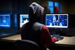 © ADDICTIVE STOCK - Generative AI illustration back view of anonymous hacker in hoodie typing on keyboard of desktop computer while sitting at desk in dark room
