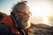 © ADDICTIVE STOCK - Generative AI image of portrait of side view of thoughtful senior male traveler in sunglasses and warm clothes standing and looking away against blurred sunset background