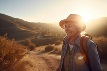 Generative AI Image Of Smiling Elderly Female In Hat And Backpack Standing On Highland And Looking Away While Admiring Landscape In Daylight Under Blue Sky