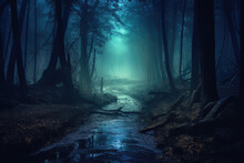 Dark Fantasy Forest Landscape With Muddy Path In The Mist, Generative AI