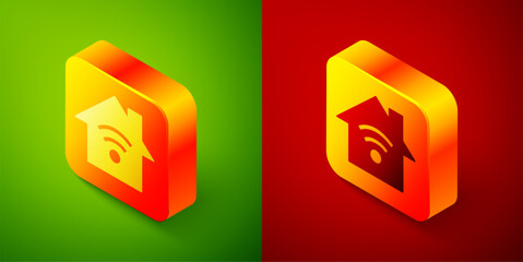 Poster - Isometric Smart home with wi-fi icon isolated on green and red background. Remote control. Square button. Vector