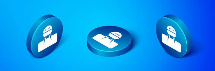 Poster - Isometric Barbecue grill icon isolated on blue background. BBQ grill party. Blue circle button. Vector