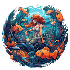 A digital painting of a clownfish and a mermaid in a fantastical underwater scene, the mermaid holding a magical trident while the clownfish circles around her, Generative Ai