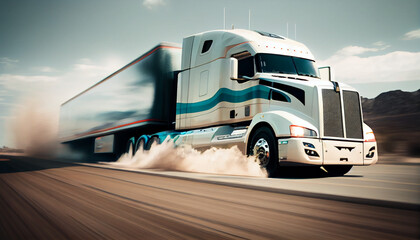 Wall Mural - Super fast truck automobile concept design with fire. Luxury speed race truck automotive concept with flames. High speed modern Truck with motion blur background Ai generated image