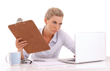 Laptop, documents and an angry business woman isolated on a transparent background for report or review. Computer, email and checklist with a female employee holding a clipboard for a survey on PNG