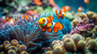  Colorful clownfish swim gracefully among vibrant corals in a tropical reef, creating a lively and mesmerizing underwater scene, Generative Ai