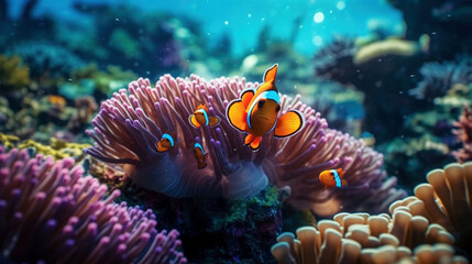 Wall Mural - Colorful clownfish swim gracefully among vibrant corals in a tropical reef, creating a lively and mesmerizing underwater scene, Generative Ai