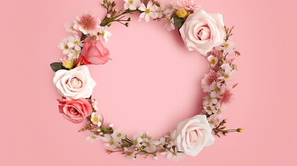 Flowers in a wreath on pink background with copy space