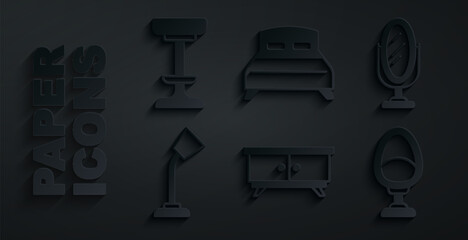 Sticker - Set Furniture nightstand, Mirror, Table lamp, Armchair, Big bed and Chair icon. Vector