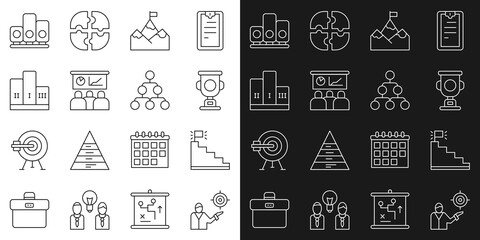 Poster - Set line Marketing target strategy, Stair with finish flag, Award cup, Mountains, Training, presentation, over winner podium, Ranking star and Hierarchy organogram chart icon. Vector