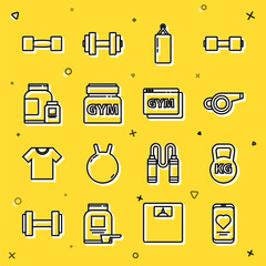 Sticker - Set line Mobile with heart rate, Kettlebell, Whistle, Punching bag, Sports nutrition, Dumbbell and Online fitness and training icon. Vector