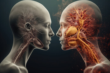 Wall Mural - two spiritual human bodies on dark background. souls connection. created with generative ai