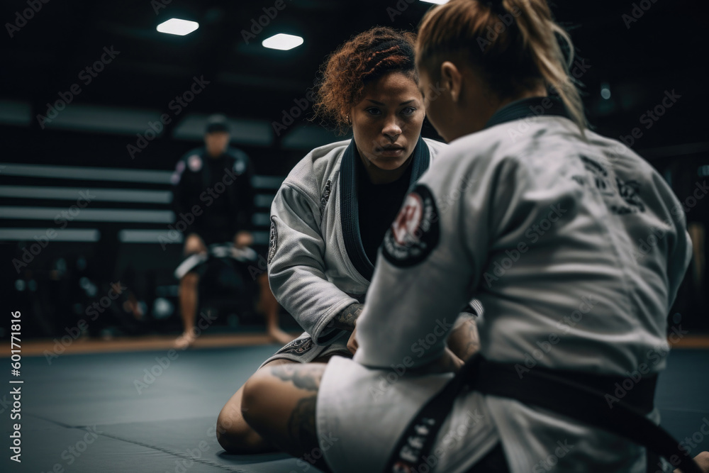 Brazilian jiu jitsu training. Two female judo fighters in kimono on ...