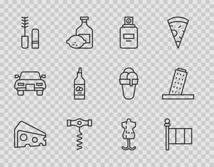 Sticker - Set line Cheese, Flag Italy, Perfume, Wine corkscrew, Mascara brush, Bottle of olive oil, Mannequin and Tower Pisa icon. Vector