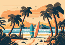 Ocean Beach With Surfboards. Surfing On The Island Against The Background Of Mountains And Palm Trees. Vector Flat Illustration EPS 10
