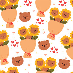 seamless pattern cartoon bear and flower bucket. cute animal wallpaper illustration for gift wrap paper