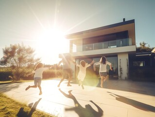 Family in front of their new house in modern residential area, generative ai