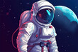 Astronaut in a space suit is flying in space next to planets and stars. Vector illustration EPS 10