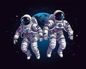 Wall Mural - two astronauts in space suits flying in outer space next to planets and stars. vector illustration e
