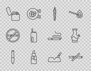 Wall Mural - Set line Cigarette, No smoking, Marijuana joint, spliff, Vape liquid bottle, Lighter, Electronic cigarette, Ashtray with and Bong icon. Vector