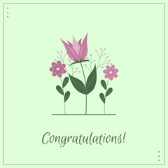  Flat minimalist greeting card. Cute vector postcard with floral design. A postcard with the lovely bouquet and inscription Congratulations on a green background.