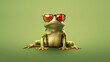 Funny frog in sunglasses in trendy style on yellow background. Portrait summer. Pet care, generated AI Generative AI
