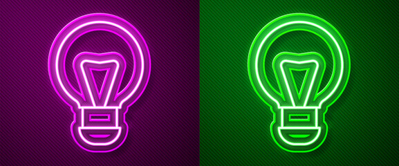 Glowing neon line Creative lamp light idea icon isolated on purple and green background. Concept ideas inspiration, invention, effective thinking, knowledge and education. Vector