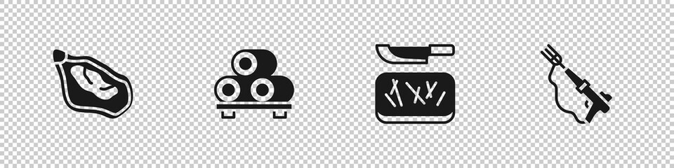 Sticker - Set Mussel, Sushi on cutting board, Cutting and knife and Fishing harpoon icon. Vector