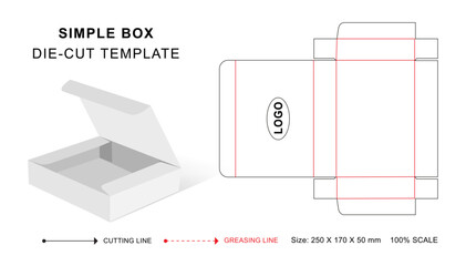 Simple box die cut template with 3D blank vector mockup for food packaging