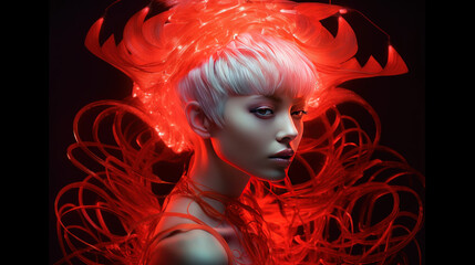 Wall Mural - Portrait of a woman with white hair and glowing red energy swirling around her. Generative Ai.