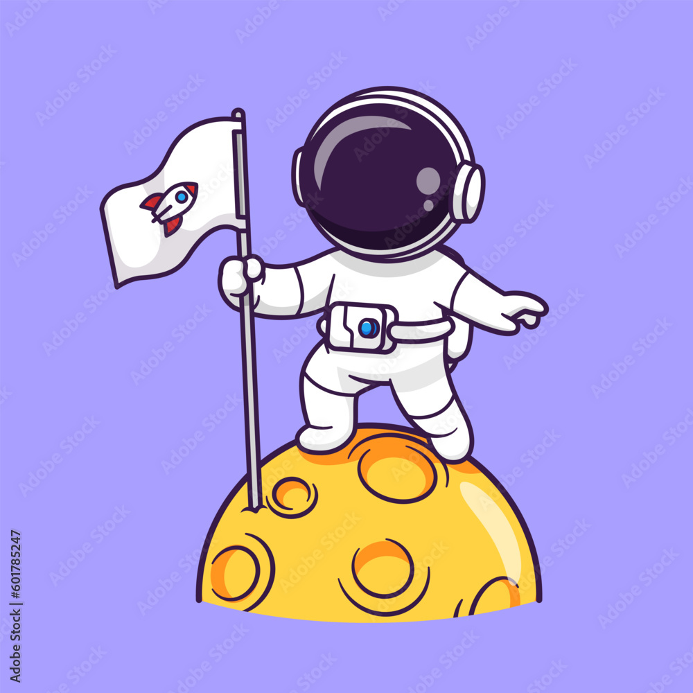 Cute Astronaut Holding Flag On Moon Cartoon Vector Icon Illustration ...
