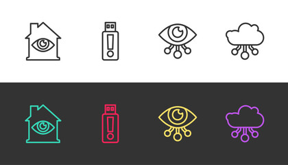 Sticker - Set line House with eye scan, USB flash drive, Eye and Internet of things on black and white. Vector