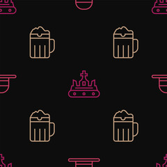 Poster - Set line Elegant women hat, Wooden beer mug and British crown on seamless pattern. Vector