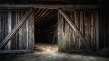  An Open Barn Door In A Dark Room With Wooden Walls.  Generative Ai
