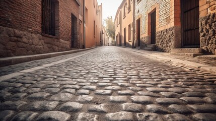  a cobblestone street in an old european city with brick buildings.  generative ai