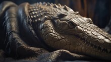  A Close Up Of A Fake Alligator's Head On A Blanket.  Generative Ai